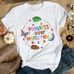 Sandjest Progress Over Perfection Teacher Shirt, Butterflies School Gift for Teacher, Happy First Day of School, Back to School, Funny Teacher T-Shirt