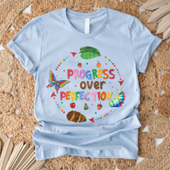 Sandjest Progress Over Perfection Teacher Shirt, Butterflies School Gift for Teacher, Happy First Day of School, Back to School, Funny Teacher T-Shirt