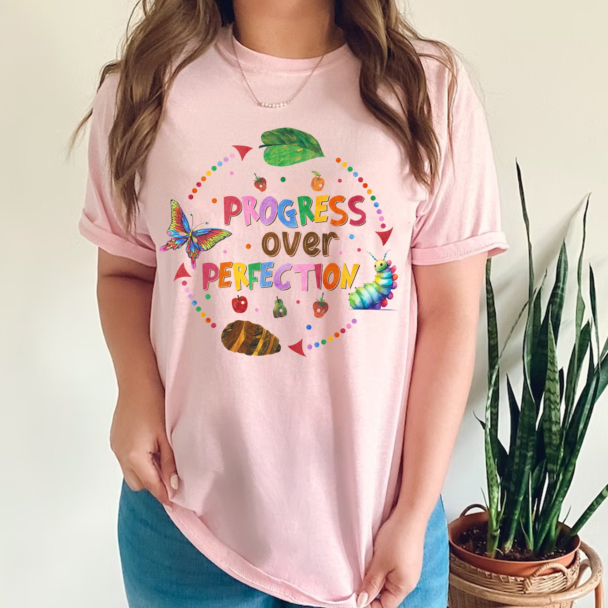 Sandjest Progress Over Perfection Teacher Shirt, Butterflies School Gift for Teacher, Happy First Day of School, Back to School, Funny Teacher T-Shirt