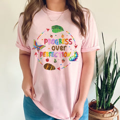 Sandjest Progress Over Perfection Teacher Shirt, Butterflies School Gift for Teacher, Happy First Day of School, Back to School, Funny Teacher T-Shirt