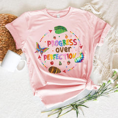 Sandjest Progress Over Perfection Teacher Shirt, Butterflies School Gift for Teacher, Happy First Day of School, Back to School, Funny Teacher T-Shirt