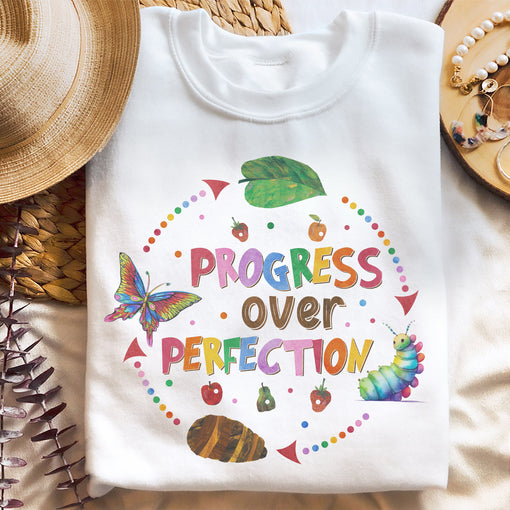 Sandjest Progress Over Perfection Teacher Shirt, Butterflies School Gift for Teacher, Happy First Day of School, Back to School, Funny Teacher T-Shirt