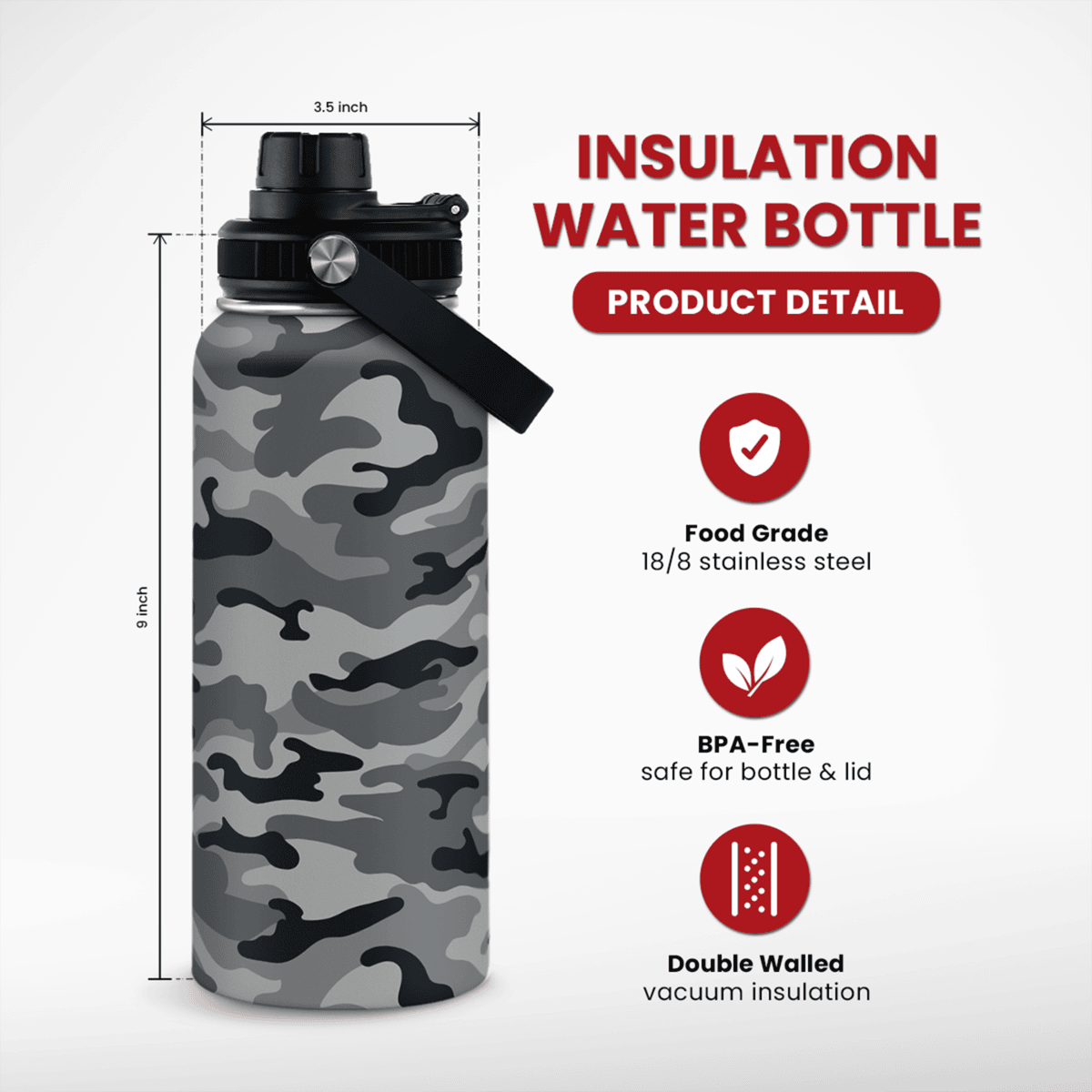 Camo Camouflage Chug Lid Water Bottle 32oz