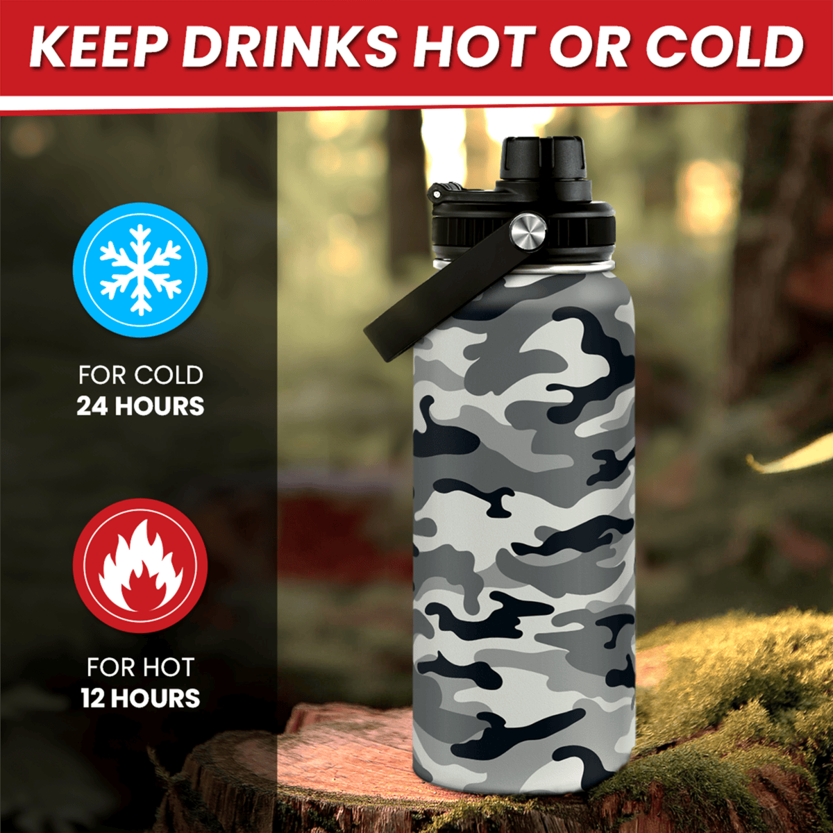 Camo Camouflage Chug Lid Water Bottle 32oz
