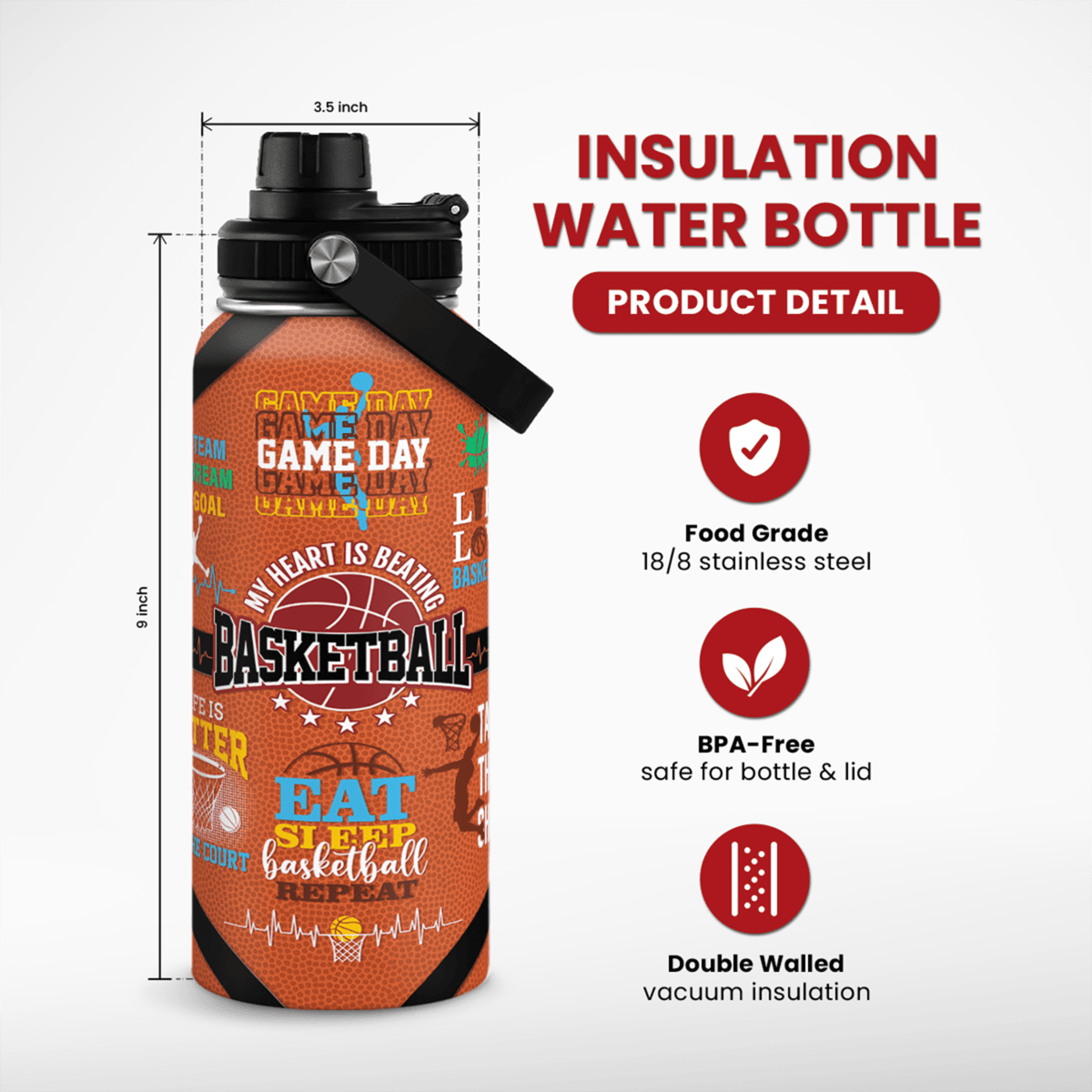 Orange Basketball Chug Lid Water Bottle 32oz