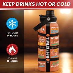 Basketball 32oz Water Bottle, Stainless Steel Insulated Sports Bottle with Lid, Basketball Gifts for Men Players Lovers Fan
