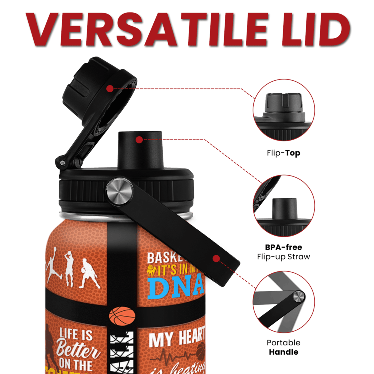Orange Basketball Chug Lid Water Bottle 32oz