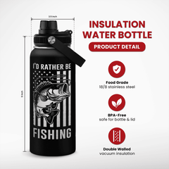 Fishing Water Bottle - 32oz Stainless Steel Insulated Bottles with lid - Deer Fishing Gifts for Fisherman Papa Dad Husband - Gift for Christmas Birthday Fathers Day