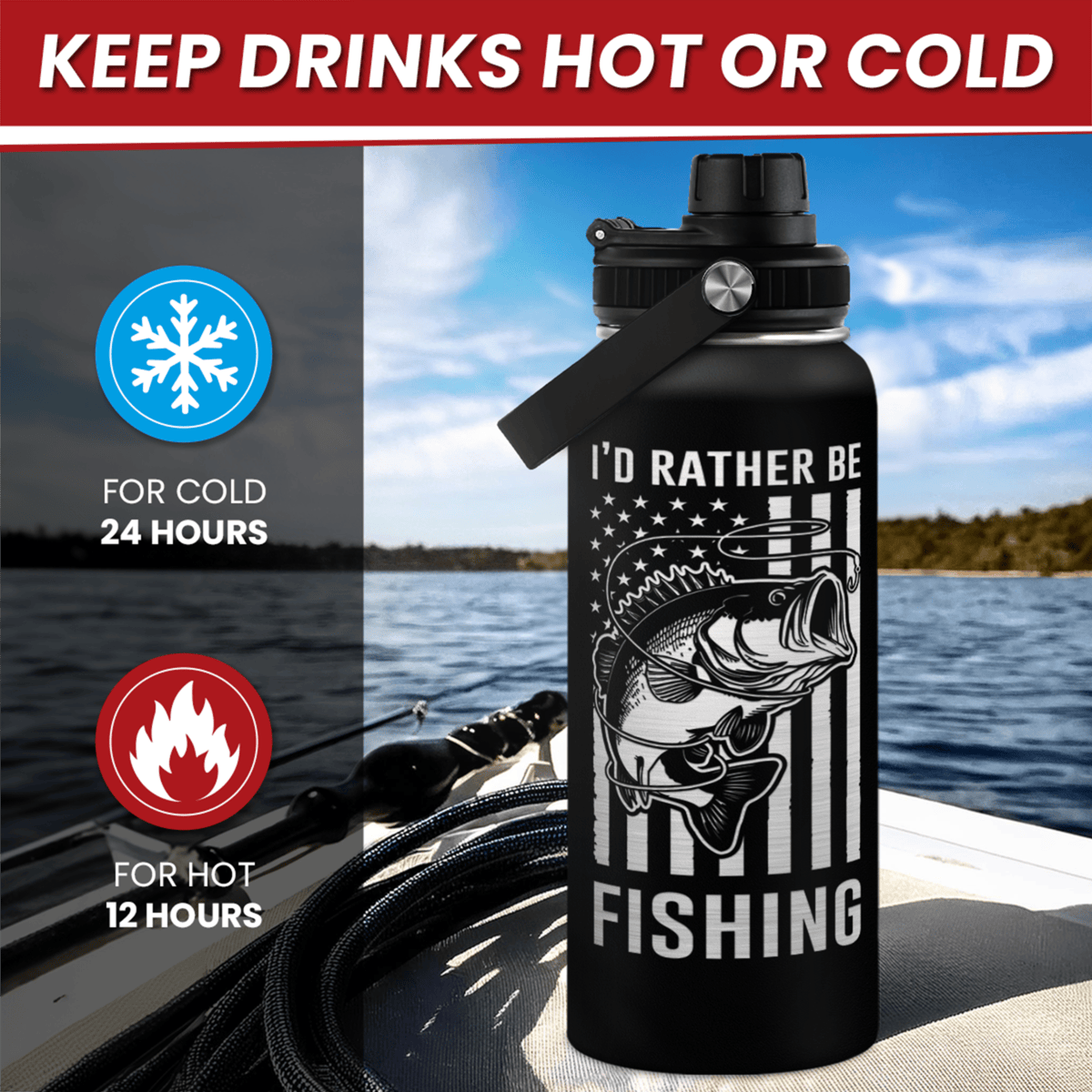 Black Fishing Chug Lid Water Bottle 32oz