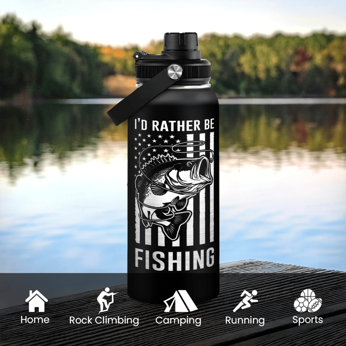 Black Fishing Chug Lid Water Bottle 32oz