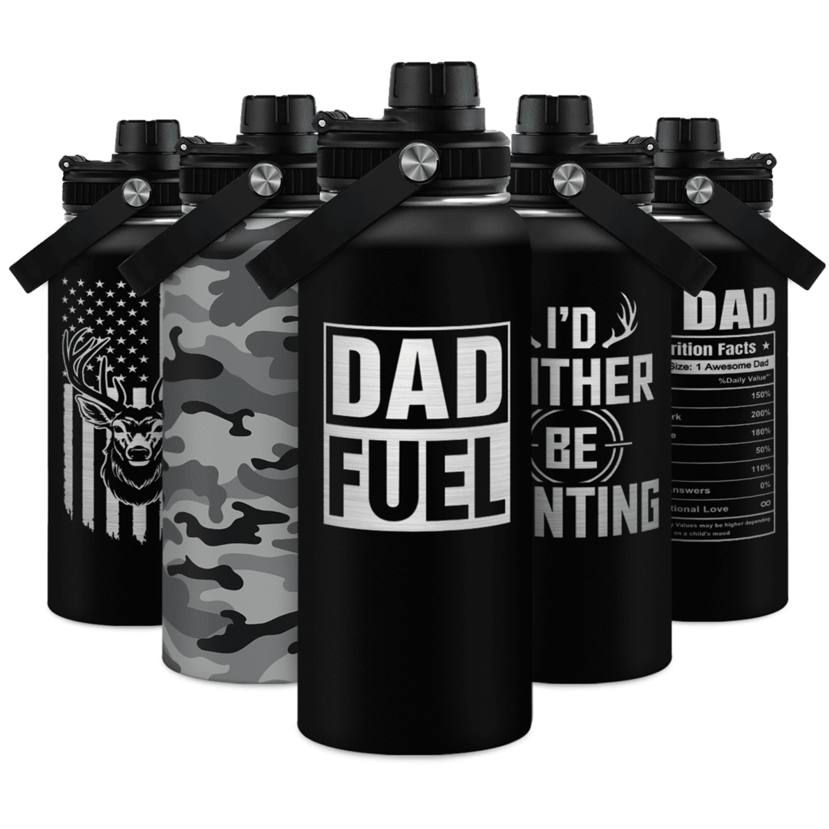A collection of black stainless steel insulated water bottles with handles, featuring various designs such as camouflage, patriotic, and humorous text patterns.