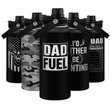 A collection of black stainless steel insulated water bottles with handles, featuring various designs such as camouflage, patriotic, and humorous text patterns.