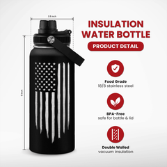 American Flag 32oz Water Bottle - SA Water Bottles Stainless Steel Insulated with Lid, America Gifts Ideas for Men Gym Sports Outdoor Workout