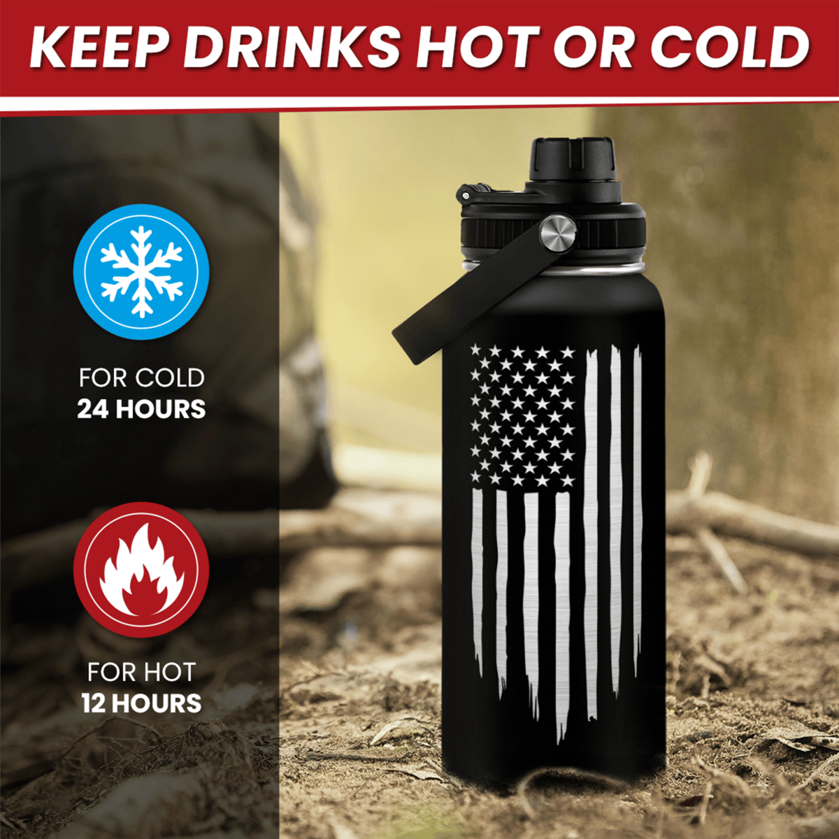 Black American Flag Chug Lid Water Bottle 32oz