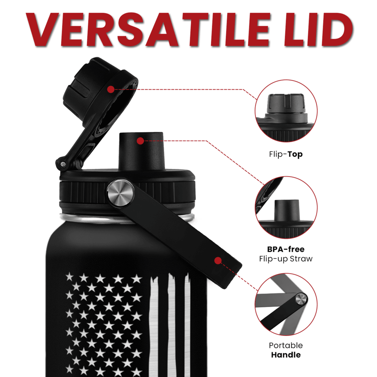Black American Flag Chug Lid Water Bottle 32oz