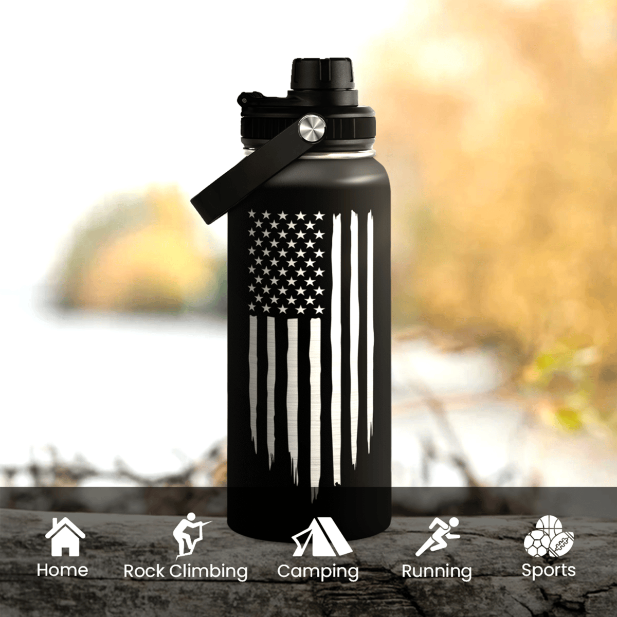 Black American Flag Chug Lid Water Bottle 32oz