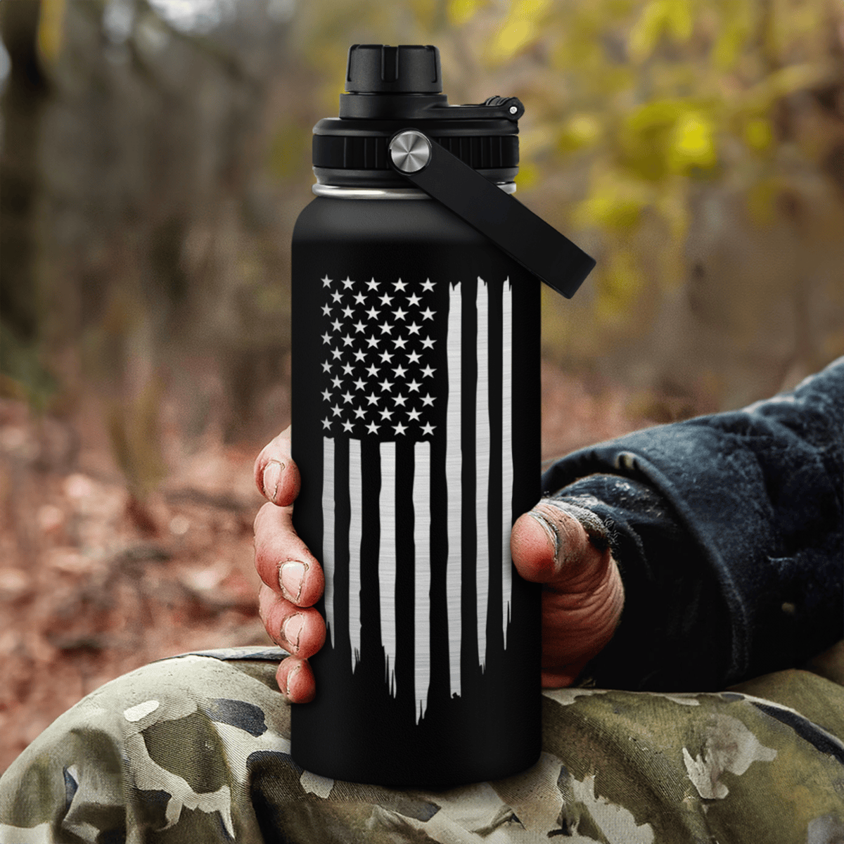 Black American Flag Chug Lid Water Bottle 32oz