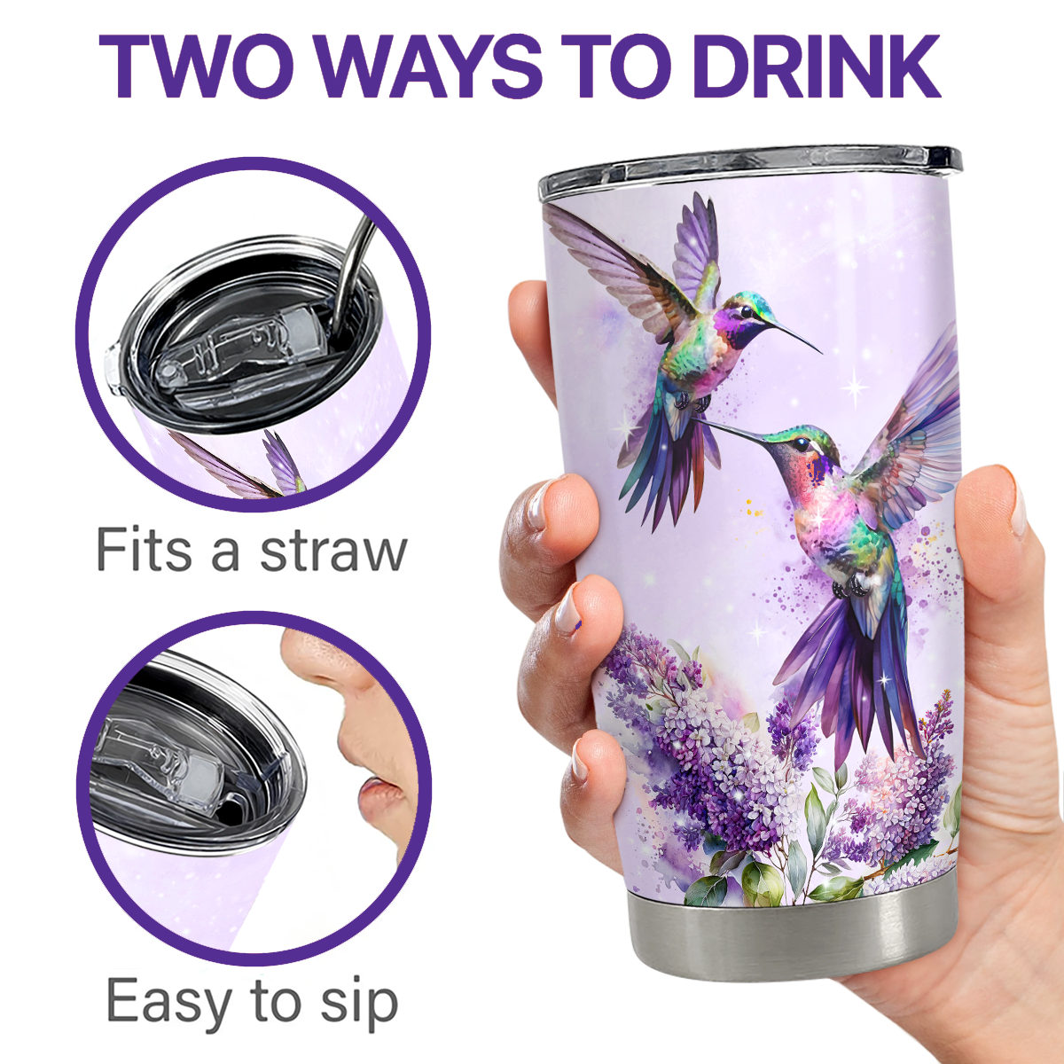 Purple Hummingbird Stainless Steel Curved Tumbler 20oz