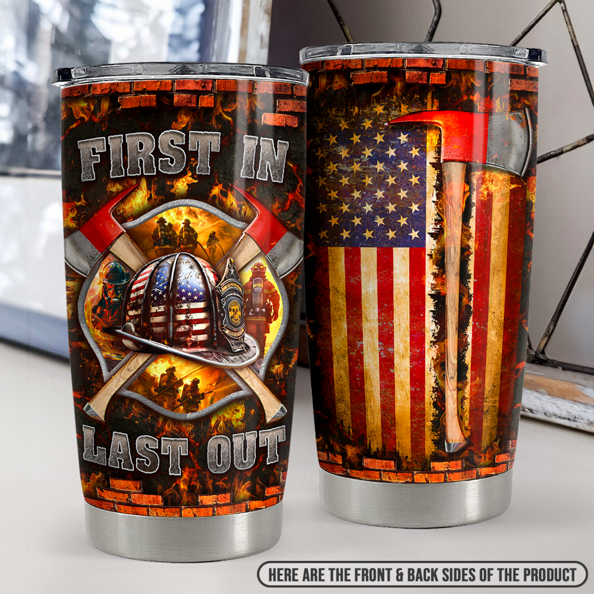 Brown Firefighter Stainless Steel Curved Tumbler 20oz