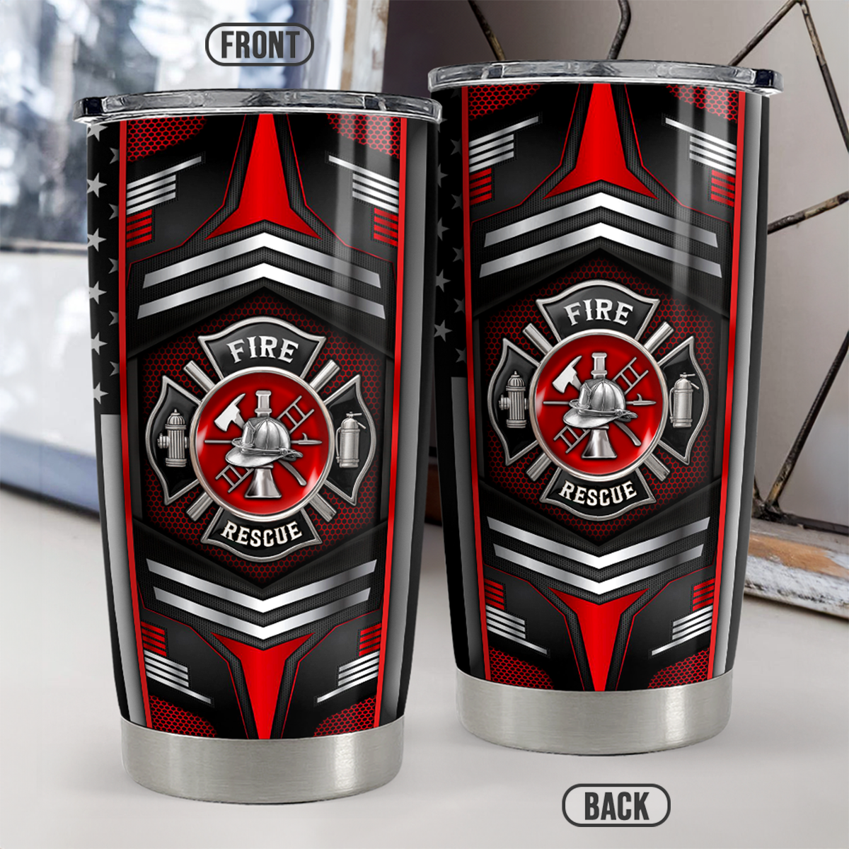Black Firefighter Stainless Steel Curved Tumbler 20oz