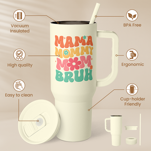 Mom Tumbler with Handle 40oz, Mama Mommy Mom Bruh Cup Stainless Steel Insulated Tumblers Coffee Travel Mugs, Gifts for Moms from Daughter Son, Best Mother Gift for Birthday Christmas Mothers Day