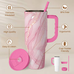 Marble Tumbler with Handle 40oz, Stainless Steel Insulated Tumblers Coffee Travel Mug with Lid Straw, Gifts for Women Girls Birthday Christmas