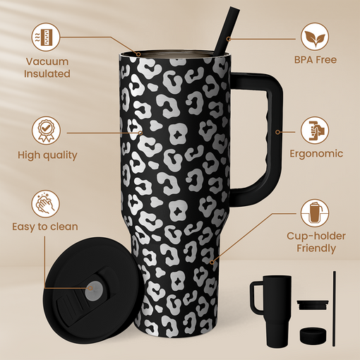 Leopard Tumbler with Handle 40oz, Stainless Steel Insulated Tumblers Coffee Travel Mug with Lid Straw, Black White Leopard Print Cups Gifts for Women Girl, Gift for Birthday Christmas