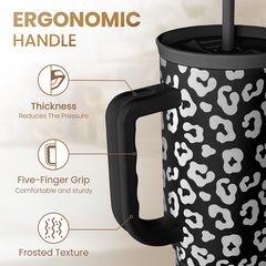 Leopard Tumbler with Handle 40oz, Stainless Steel Insulated Tumblers Coffee Travel Mug with Lid Straw, Black White Leopard Print Cups Gifts for Women Girl, Gift for Birthday Christmas