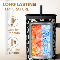 Leopard Tumbler with Handle 40oz, Stainless Steel Insulated Tumblers Coffee Travel Mug with Lid Straw, Black White Leopard Print Cups Gifts for Women Girl, Gift for Birthday Christmas