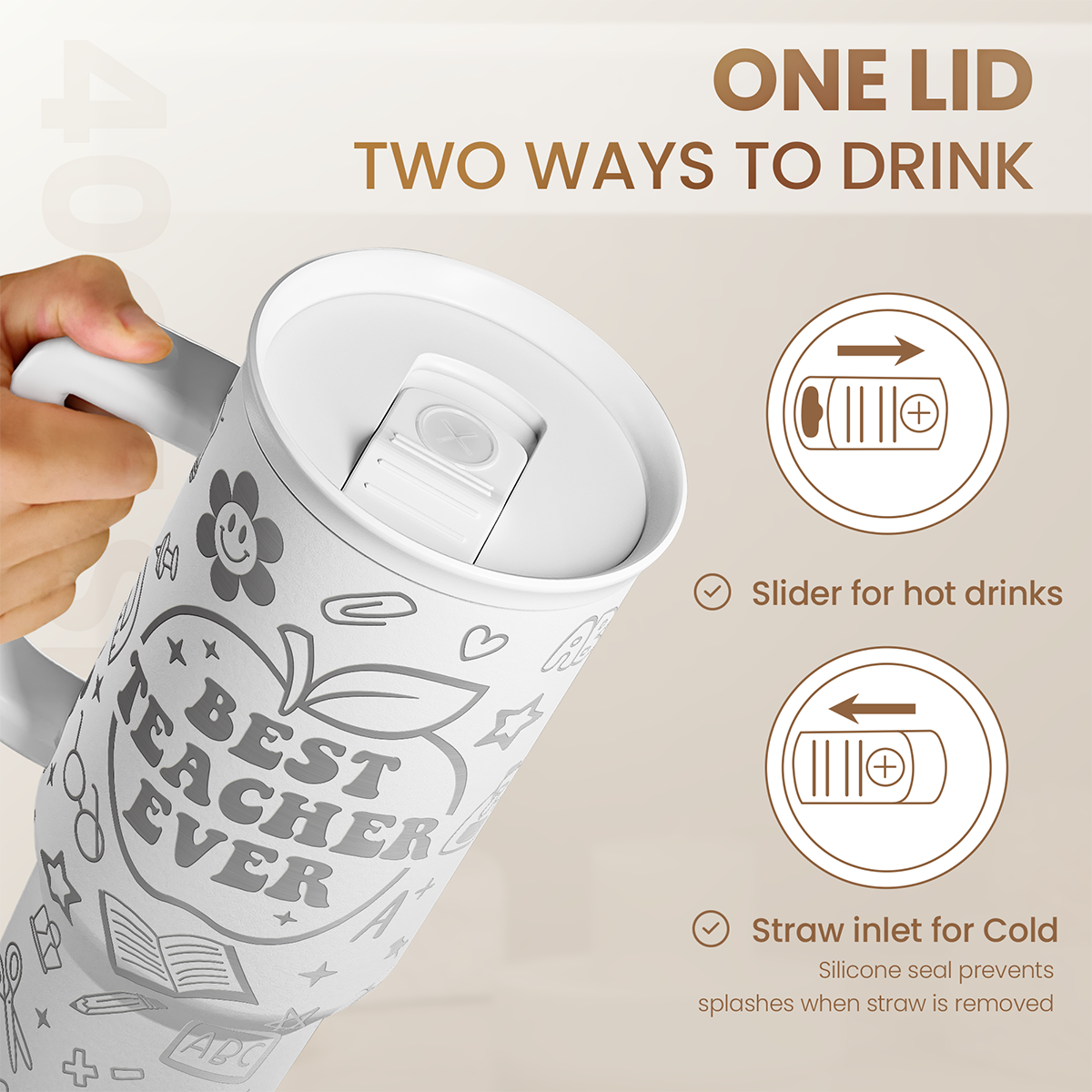 Best Teacher Ever Tumbler 40oz, Stainless Steel Insulated Coffee Travel Cups with Handle, Teacher Appreciation Gifts for Women, Teachers Gift for Valentines Farewell Birthday Christmas Teacher's Day