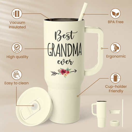 Grandma Tumbler with Handle 40oz, Grandmother Gifts from Granddaughter Grandson, Stainless Steel Tumblers Coffee Travel Cup, Gifts for Nana Mimi Grandmom on Birthday Christmas Mothers Day Valentines