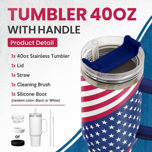 American Flag Tumbler with Handle, America Engraved 40oz Stainless Steel Insulated Coffee Mug with Lid & Straw, America Gifts for Men Women, USA Tumblers Cup Gift for Christmas