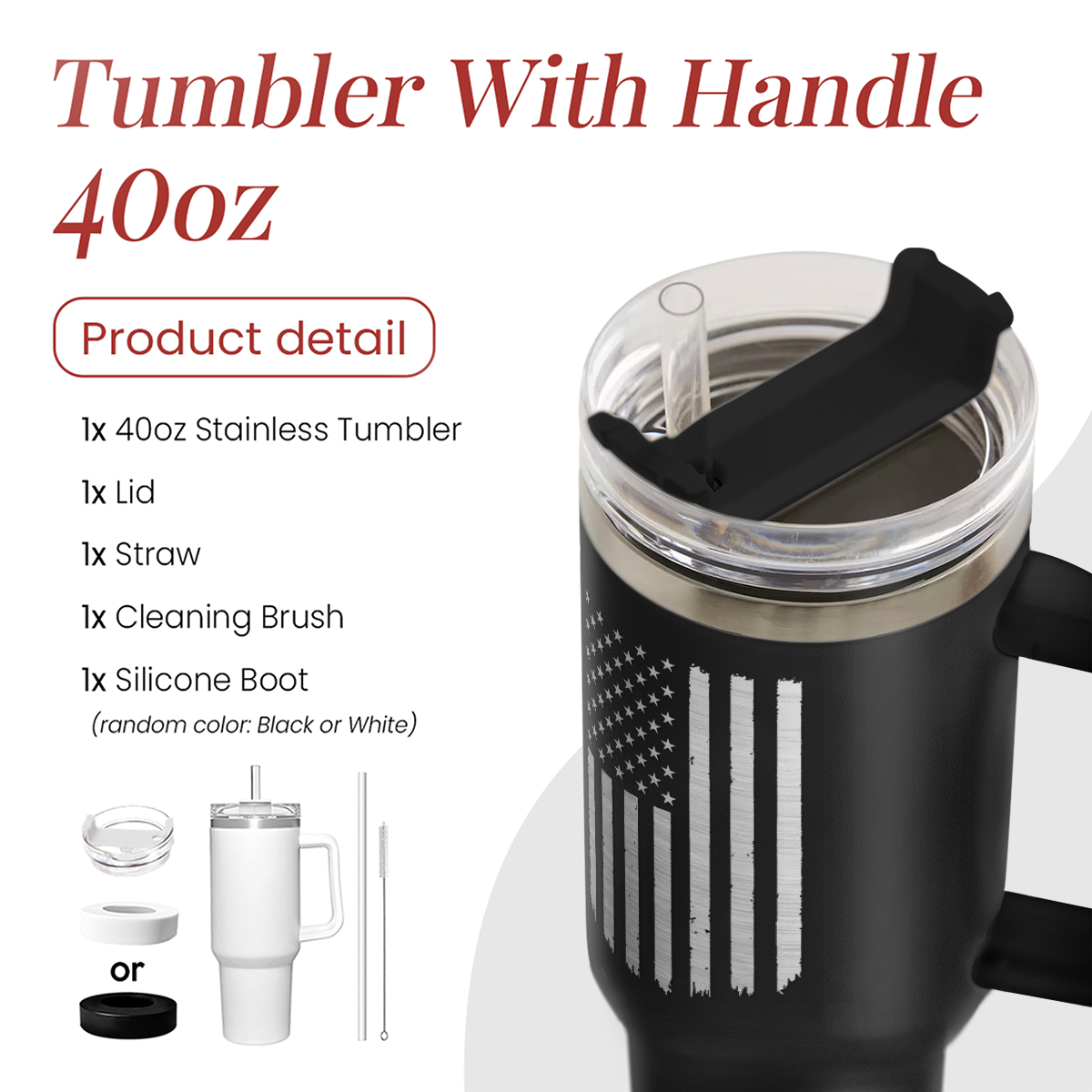Black American Flag Quencher Tumbler with Handle 40oz