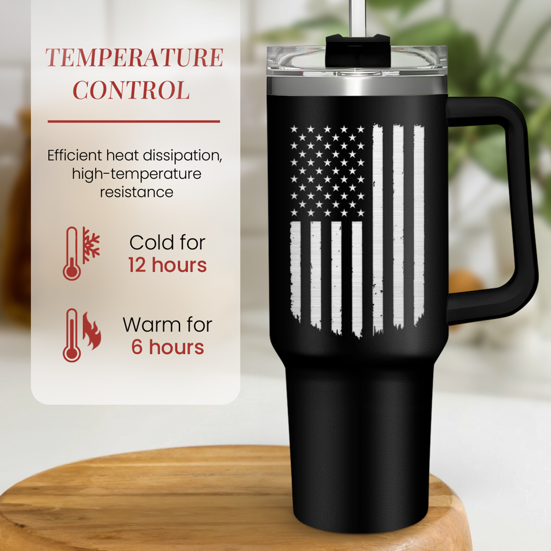 Black American Flag Quencher Tumbler with Handle 40oz