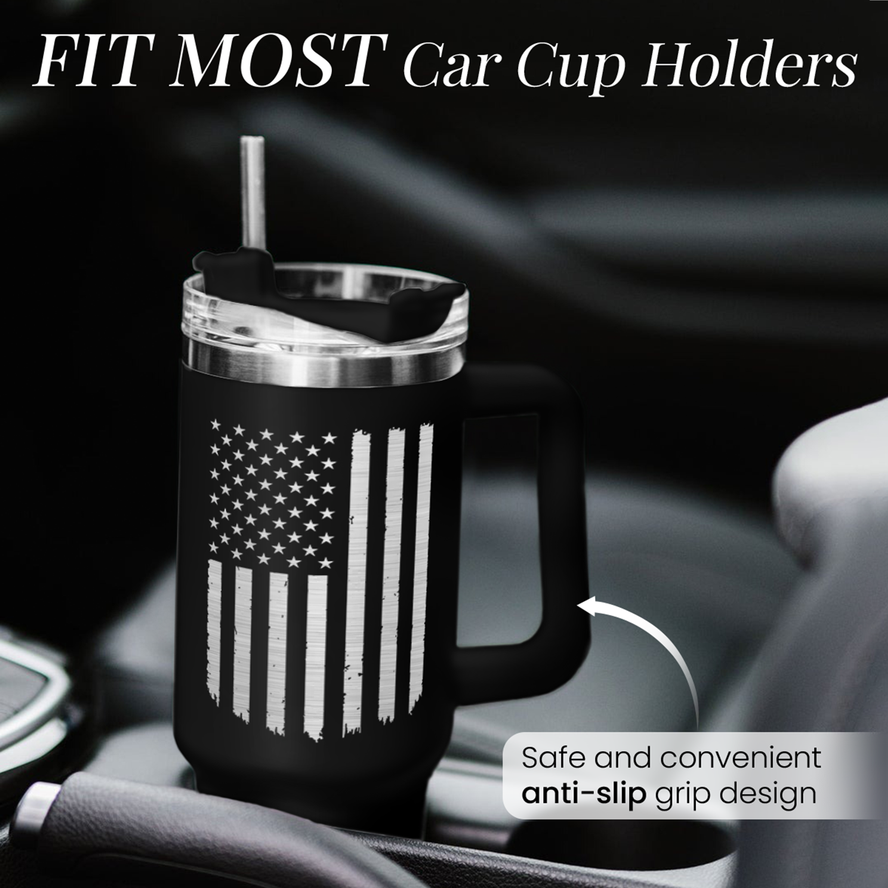 Black American Flag Quencher Tumbler with Handle 40oz