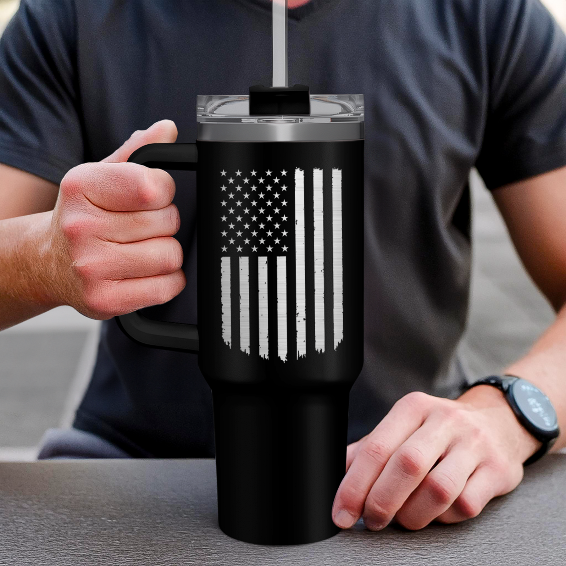Black American Flag Quencher Tumbler with Handle 40oz
