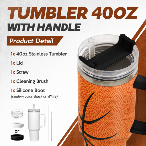 Basketball Tumbler with Handle 40oz with Lid & Straw, Basketball Gifts for Men Boys Player Coach Lover, Basketball Tumblers Coffee Stainless Steel Insulated Cup Gifts for Christmas Birthday