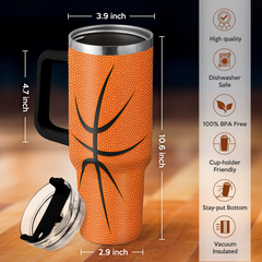 Basketball Tumbler with Handle 40oz with Lid & Straw, Basketball Gifts for Men Boys Player Coach Lover, Basketball Tumblers Coffee Stainless Steel Insulated Cup Gifts for Christmas Birthday
