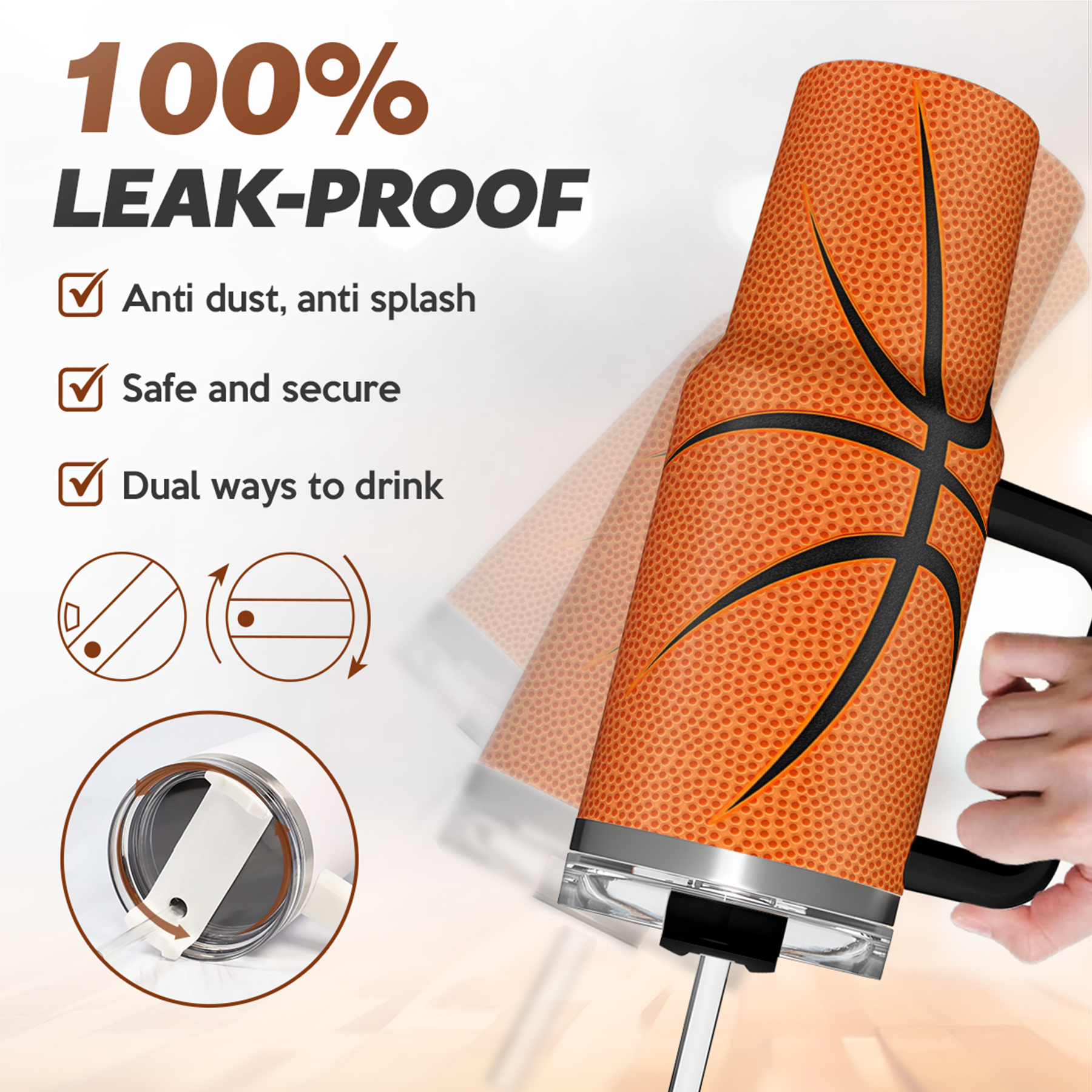 Basketball Tumbler with Handle 40oz with Lid & Straw, Basketball Gifts for Men Boys Player Coach Lover, Basketball Tumblers Coffee Stainless Steel Insulated Cup Gifts for Christmas Birthday