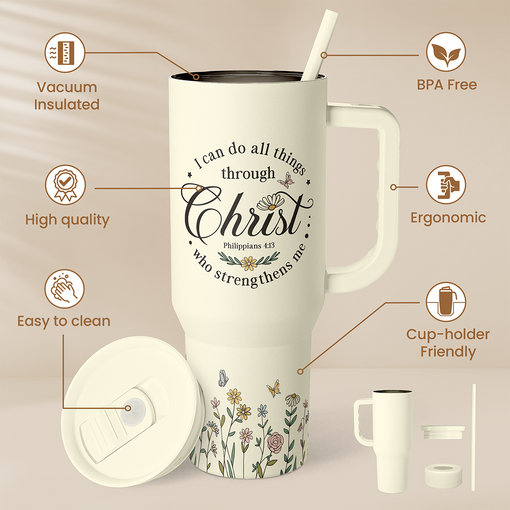 Christian Tumbler with Handle 40oz, Inspirational Gifts for Her, Religious Gift for Women Girl, Stainless Steel Insulated Coffee Travel Cup, Inspiration Gift for Christmas Birthday Mothers Day