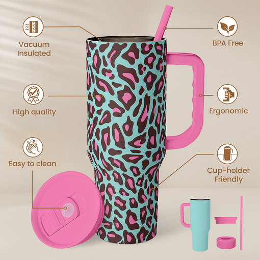 Leopard Tumbler with Handle 40oz, Stainless Steel Insulated Tumblers Coffee Travel Mug with Lid Straw, Leopard Print Cup Gifts for Women Girls, Gift for Birthday Christmas