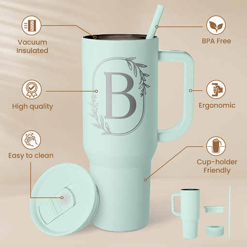 Personalized Monogrammed Tumbler with Handle 40oz, Letter B Tumblers Insulated Coffee Travel Cup, Custom Initial Gift for Women Girls Friends, Monogram Gift for Christmas Birthday Mothers Day