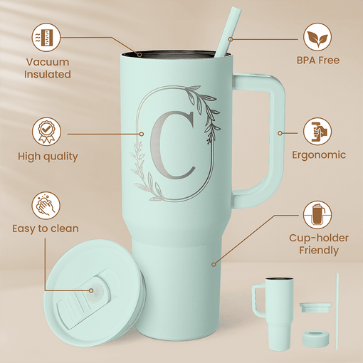 Personalized Monogrammed Tumbler with Handle 40oz, Letter C Tumblers Insulated Coffee Travel Cup, Custom Initial Gift for Women Girls Friends, Monogram Gift for Christmas Birthday Mothers Day