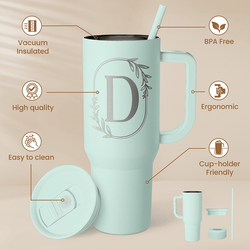 Personalized Monogrammed Tumbler with Handle 40oz, Letter D Tumblers Insulated Coffee Travel Cup, Custom Initial Gift for Women Girls Friends, Monogram Gift for Christmas Birthday Mothers Day