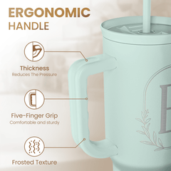 Personalized Monogrammed Tumbler with Handle 40oz, Letter E Tumblers Insulated Coffee Travel Cup, Custom Initial Gift for Women Girls Friends, Monogram Gift for Christmas Birthday Mothers Day