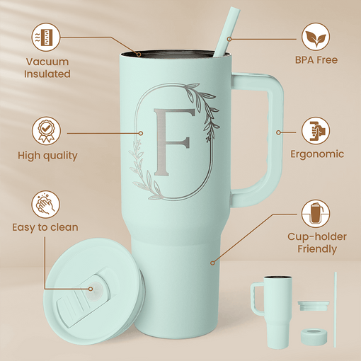 Personalized Monogrammed Tumbler with Handle 40oz, Letter F Tumblers Insulated Coffee Travel Cup, Custom Initial Gift for Women Girls Friends, Monogram Gift for Christmas Birthday Mothers Day