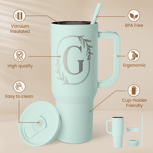 Personalized Monogrammed Tumbler with Handle 40oz, Letter G Tumblers Insulated Coffee Travel Cup, Custom Initial Gift for Women Girls Friends, Monogram Gift for Christmas Birthday Mothers Day