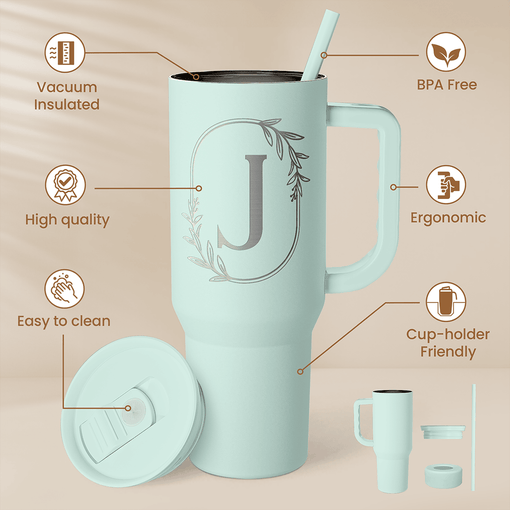 Personalized Monogrammed Tumbler with Handle 40oz, Letter J Tumblers Insulated Coffee Travel Cup, Custom Initial Gift for Women Girls Friends, Monogram Gift for Christmas Birthday Mothers Day