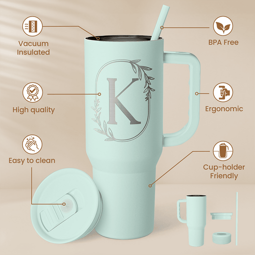 Personalized Monogrammed Tumbler with Handle 40oz, Letter K Tumblers Insulated Coffee Travel Cup, Custom Initial Gift for Women Girls Friends, Monogram Gift for Christmas Birthday Mothers Day