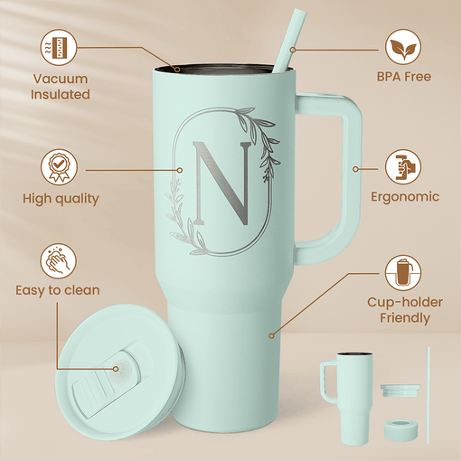 Personalized Monogrammed Tumbler with Handle 40oz, Letter N Tumblers Insulated Coffee Travel Cup, Custom Initial Gift for Women Girls Friends, Monogram Gift for Christmas Birthday Mothers Day